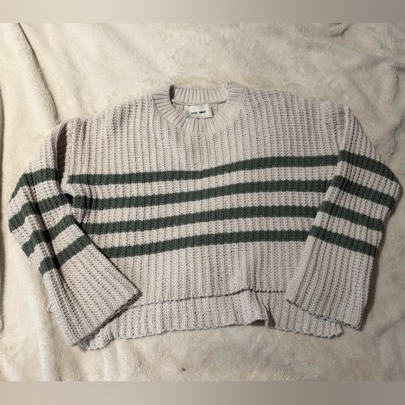 Pink Rose Sweaters - Women’s Striped Sweater in Cream and Green